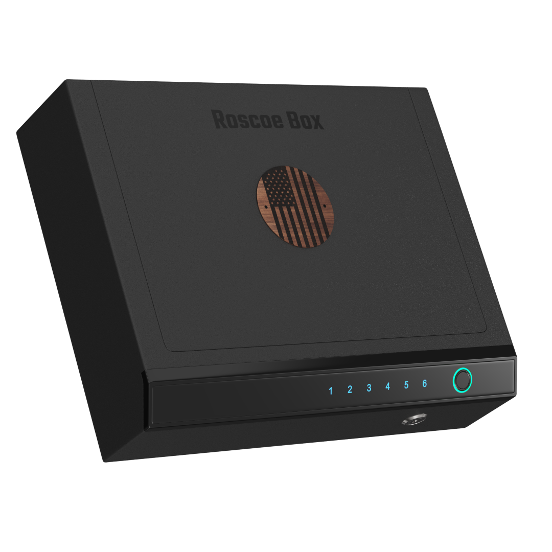 Roscoe Box | Biometric Pistol Safe | Pick a Patriotic Medallion | Fingerprint + Code + Key